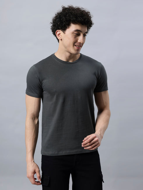 Men's 100% Cotton Round Neck Solid T-shirt Greyish Teal